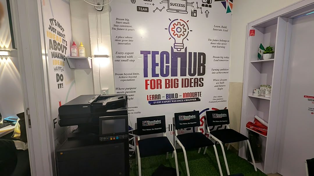 The Tech Hub wall and branded seating