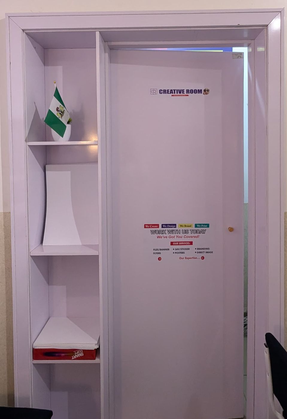 Shelving and the Creative Room door